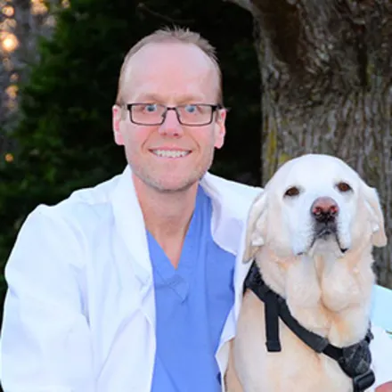 Dr. Tom Kozek's staff photo from Anne Arundel Veterinary Emergency Clinic where he is with this golden lab retriever.